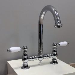 PB Old fashion Bridge kitchen faucet Chrome round spout with white handles PBN.CHR.R.WH