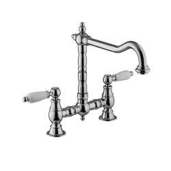 PB Old fashion Bridge kitchen faucet Chrome round spout with white handles PBN.CHR.R.WH