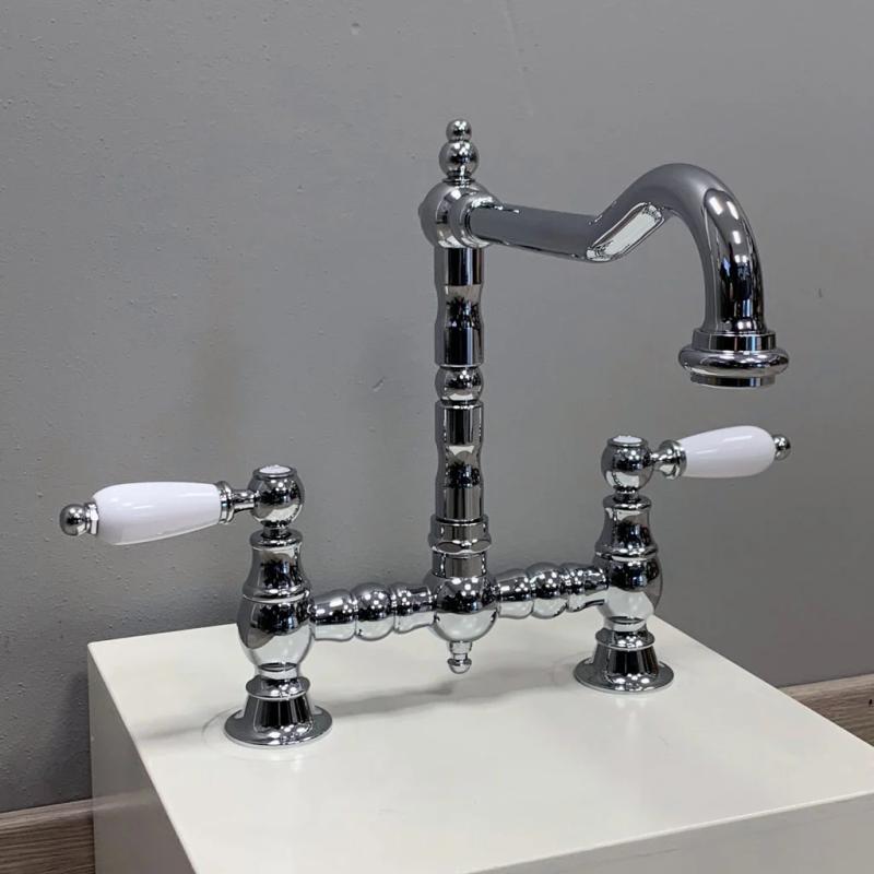 PB Old fashion Bridge kitchen faucet Chrome angled spout with white handles PBN.CHR.H.WH