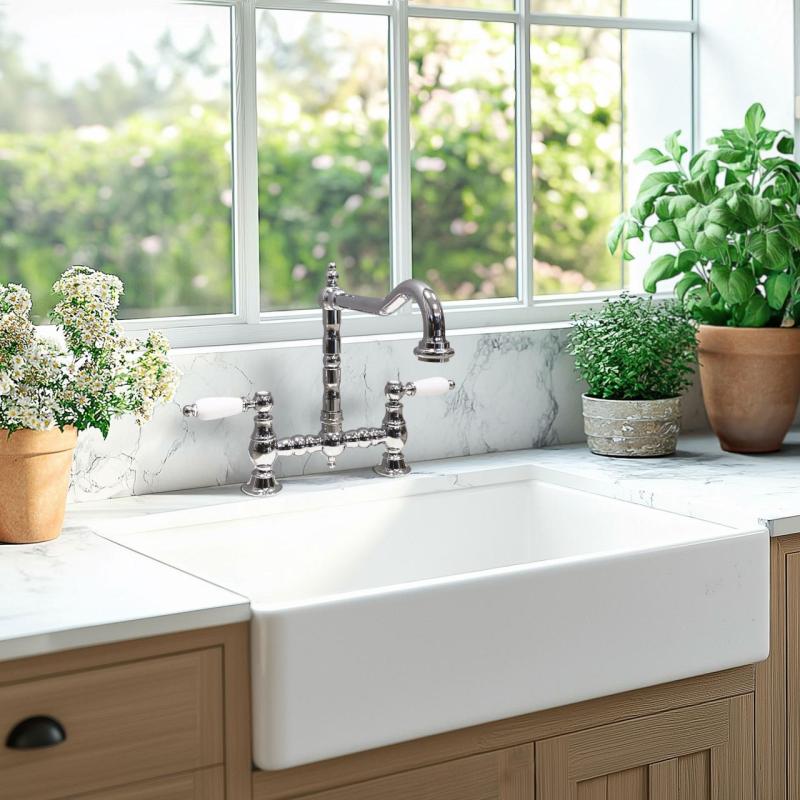 PB Old fashion Bridge kitchen faucet Chrome angled spout with white handles PBN.CHR.H.WH