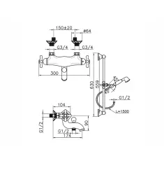 Huber Croisette Thermostatic bath-shower mixer with sliding bar Chrome/Gold CSS270107G