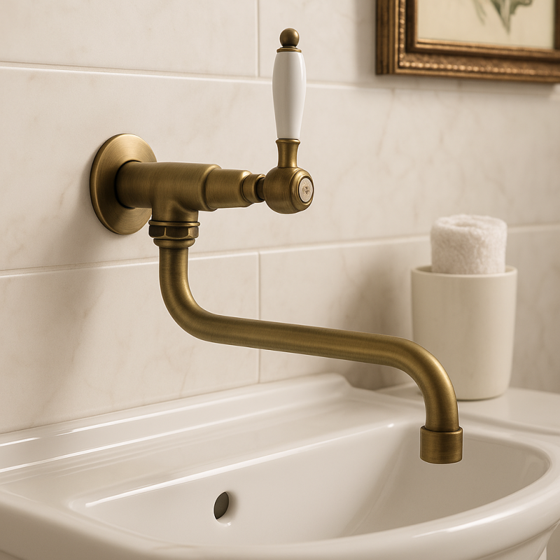 PB classic wall washbasin tap with white lever cold water and long spout bronze 1208853602
