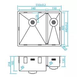 Caressi one and a half stainless steel kitchen sink CAPP3415R6R0 W34+W15xL40xD18.5cm flush mounted undermount inset 1208920589