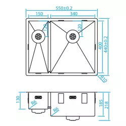 Caressi one and a half stainless steel kitchen sink CAPP1534R6R0 W34+W15xL40xD18.5cm undermount flush mounted inset 1208920590