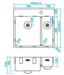 Caressi one and a half kitchen sink stainless steel with faucet hole CAPP3415KR10 B55xL52 flush mounted undermount and inset 8921191