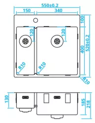 Caressi one and a half bowl stainless steel with tap hole CAPP1534KR10 B55xL52 inset undermount flush-mounted 1208921192