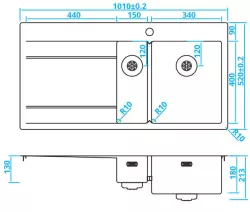 Caressi stainless steel 1.5 Kitchen Sink right with drainer left CAPP1534ABR B101xL52 inset undermounted and flush mounted 1208921301