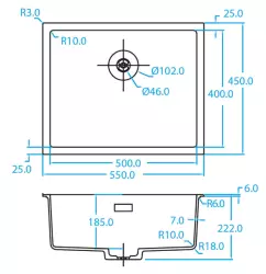 Caressi White Line white Quartz kitchen sink 50cm inset or undermounted CAGRPP50WH-TU 1208921343