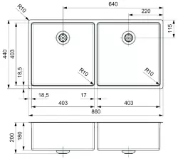 Reginox New York large double stainless steel kitchen sink 40x40 + 40x40 T09T14LLU08GDS R28254