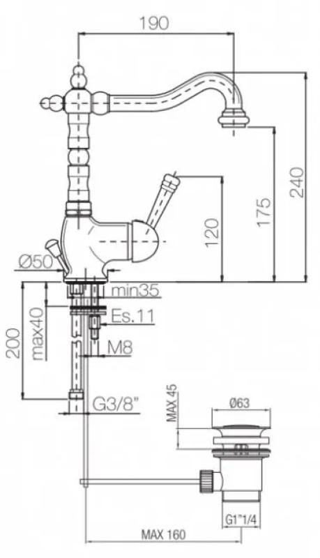 PB Nostalgic Single lever sink faucet with swivel spout 190 mm - with drain set Bronze