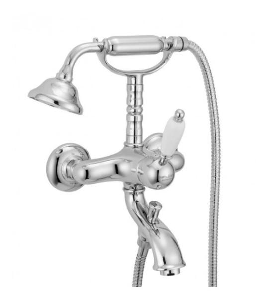 PB Nostalgic bath mixer with hand shower and white lever Chrome