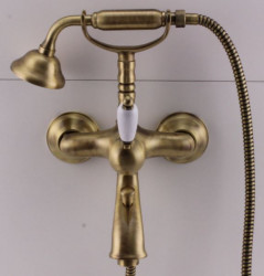 PB Nostalgic bath mixer with hand shower and white lever Bronze