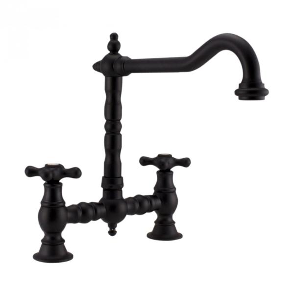 PB Nostalgic Bridge kitchen tap Matt black angled spout with star knobs PBN.ZW.H.ST