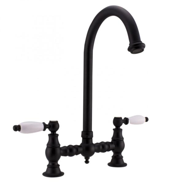 PB Nostalgic Bridge kitchen tap matt black round spout with white handles PBN.ZW.R.WH