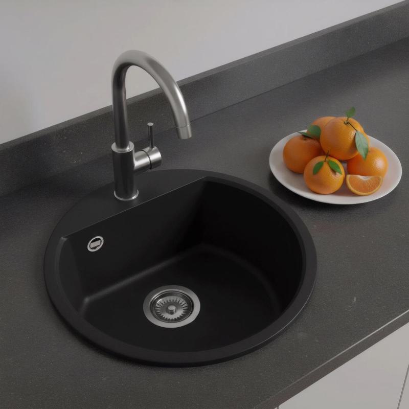 GraniteMy Bremen round granite sink 43 cm black inset and undermount with tap hole bench with stainless steel plug 1208953206