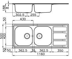 Foster Marine Stainless Steel 316 Double Sink Reversible with Draining Board 116x50 cm Surface-Mounted 1208953556