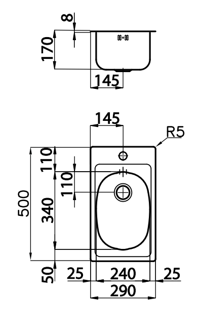 Foster 900 Small Stainless Steel Sink 29x50 cm with Tap Hole Surface-Mounted 1208953723