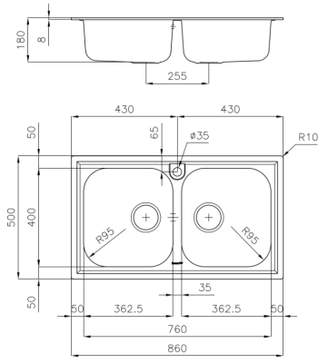 Foster Marine Stainless Steel 316 Double Sink 86x50 cm Surface Mount 1208953745
