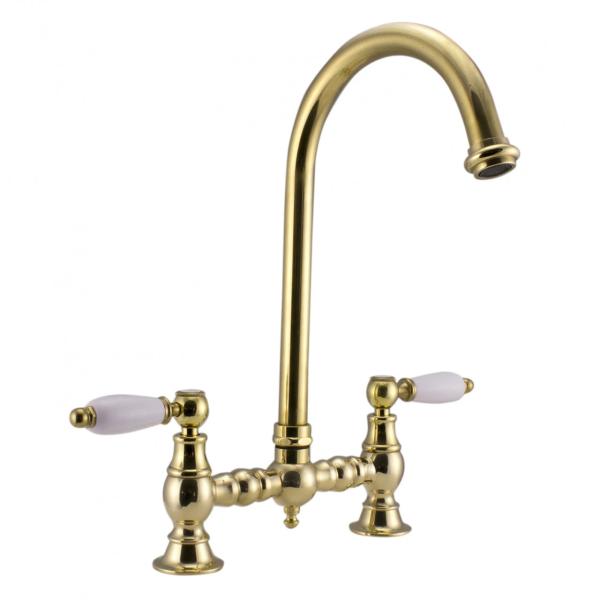 PB Nostalgic bridge kitchen tap brass natural round spout with white handles PBN.MES.R.WH