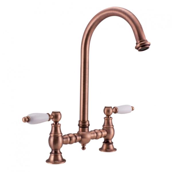 PB Nostalgic Bridge kitchen tap copper round spout with white handles copper PBN.KOP.R.WH