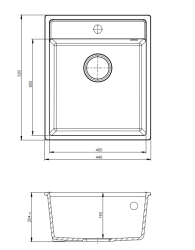 GraniteMy Bremen Granite Sink 44x52 cm Black – Topmount, Undermount, and Flushmount with Tap Hole Deck and Stainless Steel Plug 1208953861