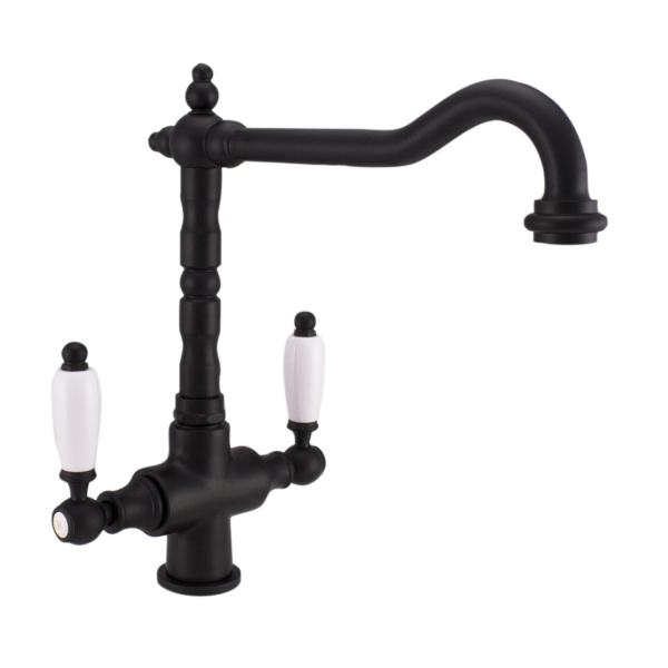 PB Nostalgic classic country kitchen tap matt black with white handles 1208953912