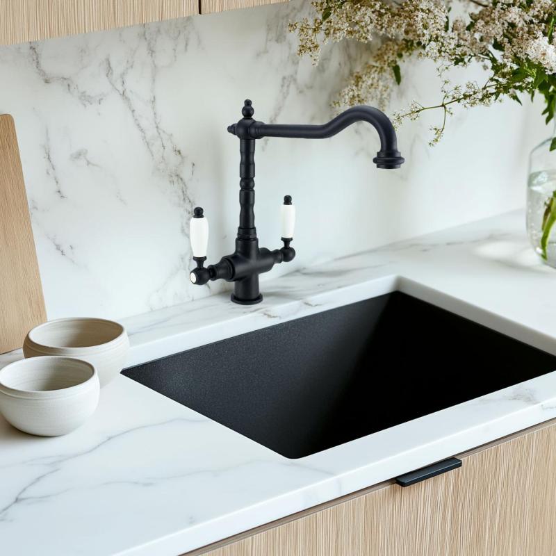 PB Nostalgic classic country kitchen tap matt black with white handles 1208953912