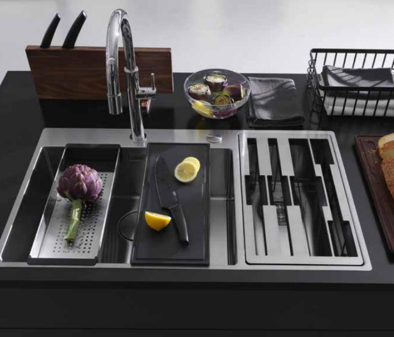 Franke Box Center BWX220-54-27 stainless steel sink left with chopping board knife set and wire basket 86x51cm 127.0570.617