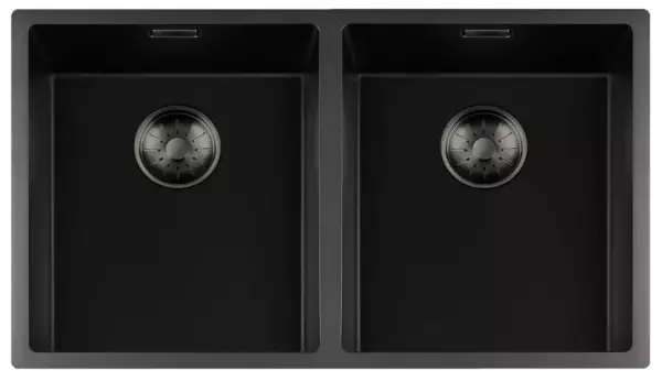 Lorreine black Quartz double sink 3434cm undermount flush-mounted black with gun metal basket strainer 1208954058