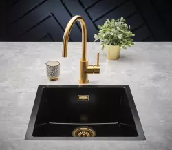 Reginox Texel 40x40 Pure Black black granite sink flush-mounted and undermount with gold plug and overflow 1208954071