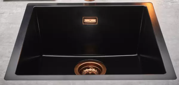 Reginox Amsterdam black sink granite 40x40 undermount and inset with copper plug and overflow 1208954076