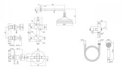 PB nostalgic built-in shower set with thermostatic tap and 2 stop taps - hand shower - rain shower 200mm - chrome