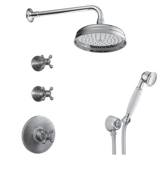 PB nostalgic built-in shower set with thermostatic tap and 2 stop taps - hand shower - rain shower 200mm - chrome