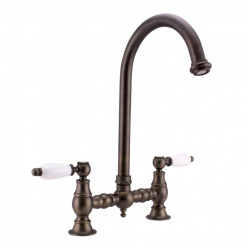 PB Nostalgic Bridge kitchen tap dark bronze round spout with white levers 1208954665