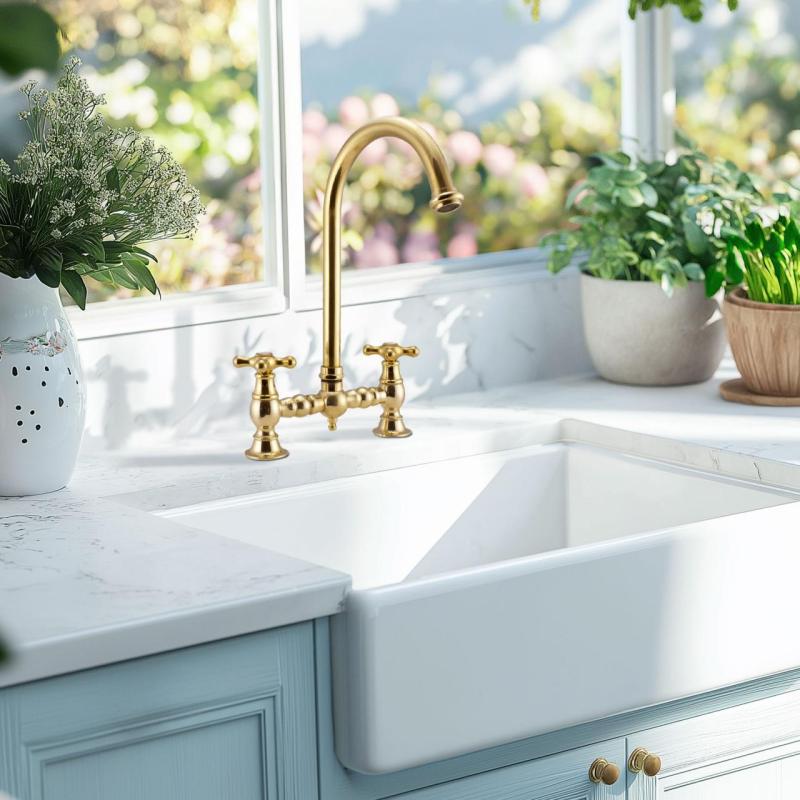 PB Nostalgic Bridge Kitchen Tap Brass Nature round spout with star knobs 1208954669