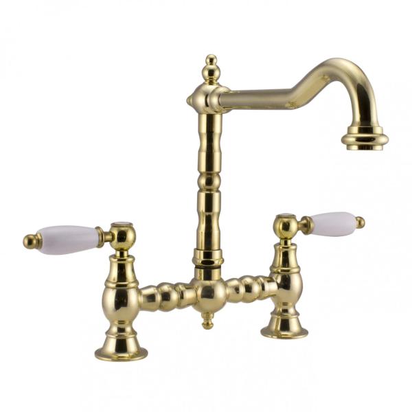 PB Nostalgic Bridge Kitchen Tap Brass natural angled spout with white levers 1208954672