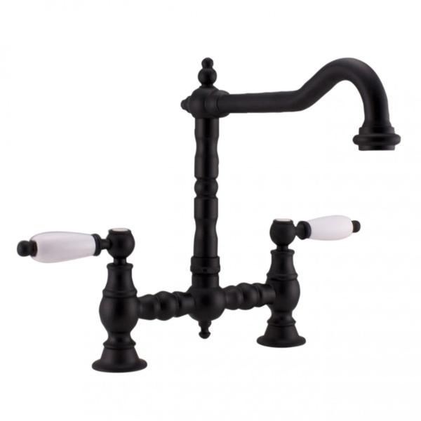 PB Nostalgic Bridge kitchen tap mat black angled spout with white handles 1208954673