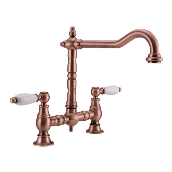 PB Nostalgic Bridge Kitchen Tap Copper angled spout with white levers 1208954674