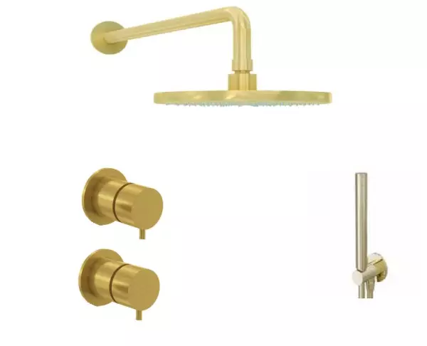 Waterevolution Flow concealed shower set with thermostat rain shower and hand shower brushed brass