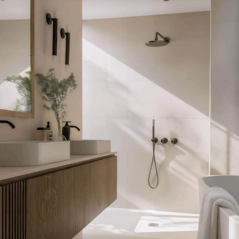 Waterevolution Flow concealed shower set with thermostat rain shower and hand shower gun metal