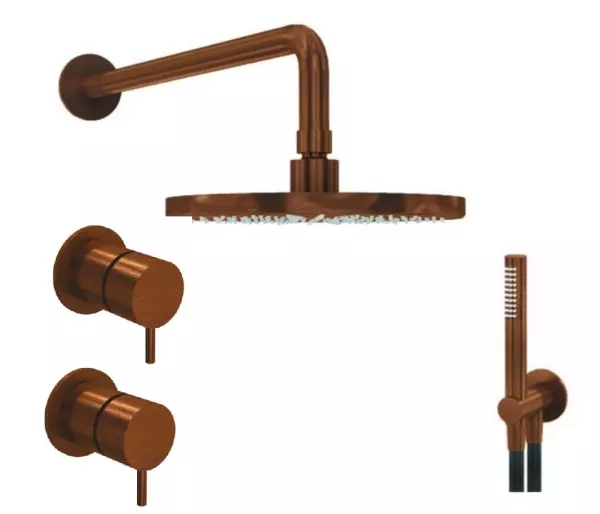 Waterevolution Flow recessed shower set with thermostat rain shower and hand shower brushed copper PVD