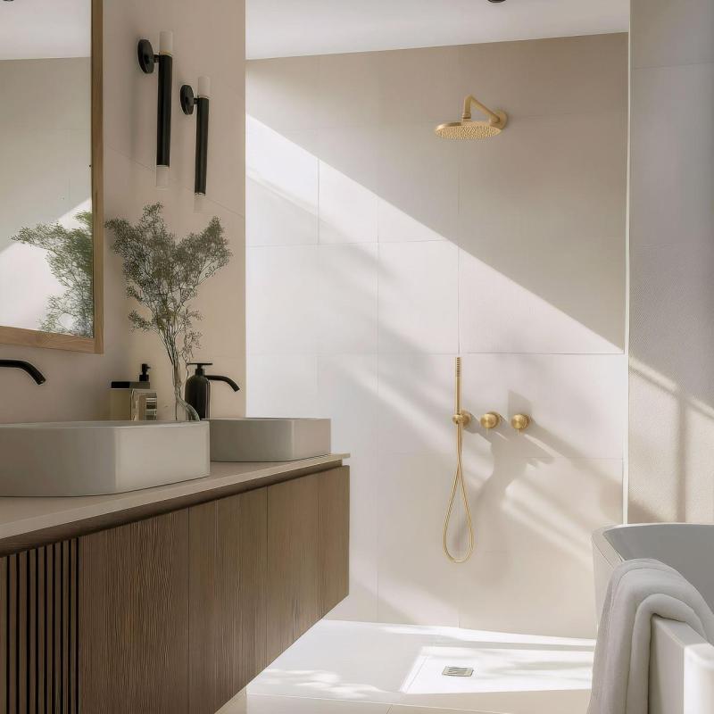 Waterevolution Flow concealed shower set with thermostat rain shower and hand shower brushed light gold PVD