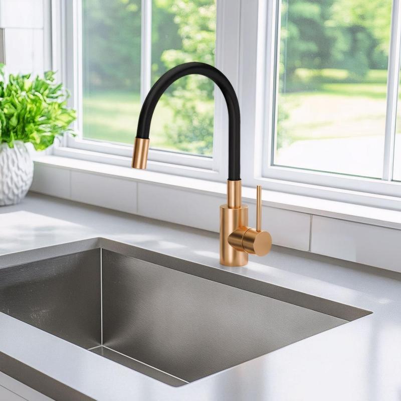 Quadri Bristol kitchen mixer tap with flexible black spout PVD brushed copper 1208955984