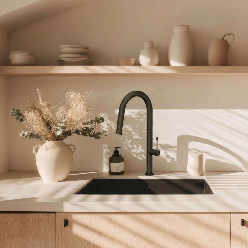 Quadri Brighton kitchen mixer tap matt black with pull-out spout with sprayer 1208956106