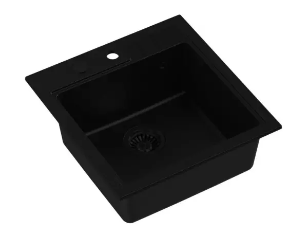 Quadri Cardigan black granite inset sink 50x52cm with black plug with tap hole bench 1208956162