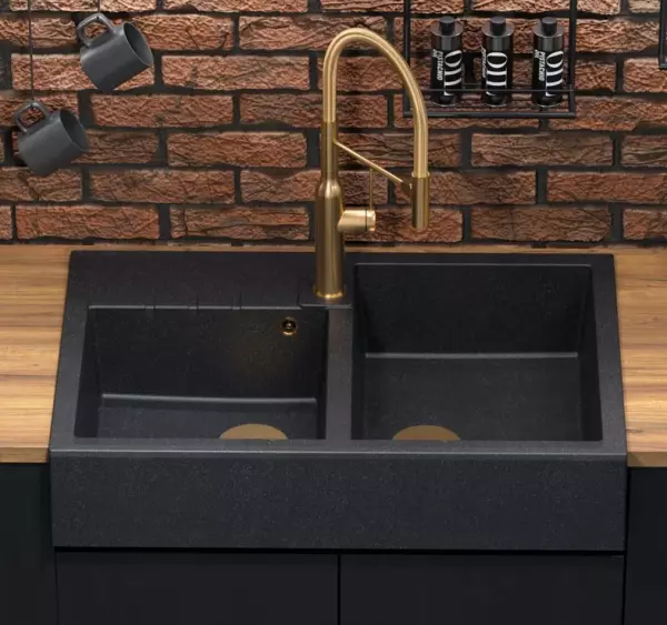 Quadri Minister Double Sink sink anthracite country model 90x62cm with gold plugs 1208956323