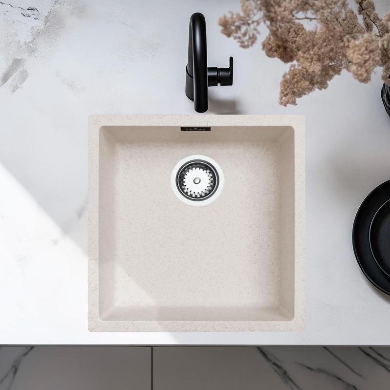 Sand cream sink 40x40cm undermount inset and flush-mounted with stainless steel plug 1208956394