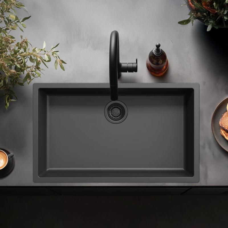 Black sink 70x40cm drop-in mounted undermount flush-mounted with black waste 1208956401