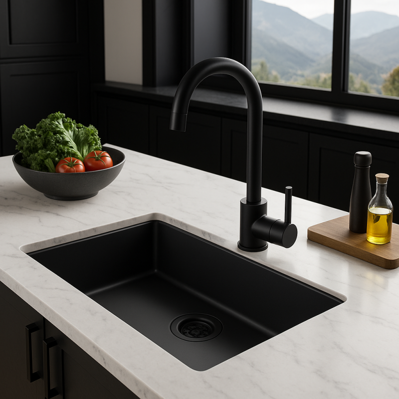 Black sink 70x40cm drop-in mounted undermount flush-mounted with black waste 1208956401