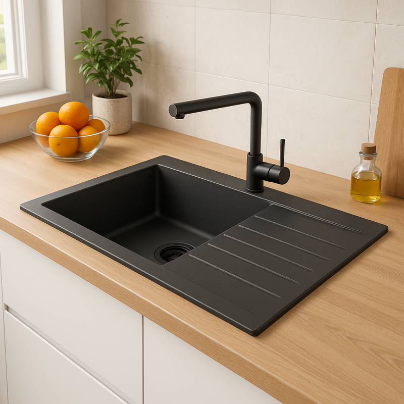 Ausmann Fibre large black plastic sink reversible with drainer inset 86x50 cm with black plug 1208956781